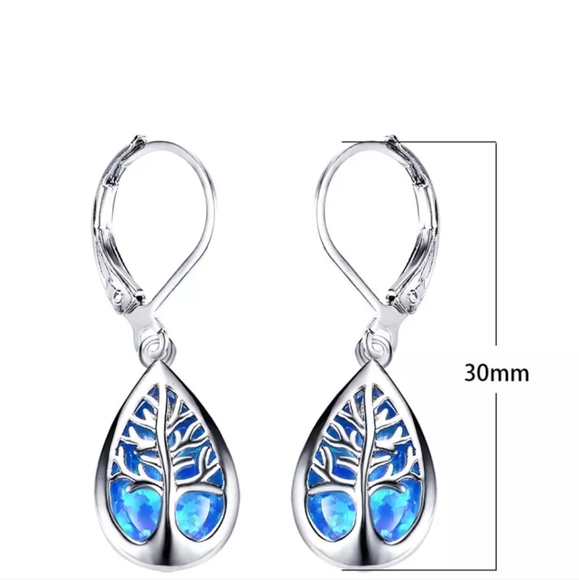 Price DROP-Sterling Silver Tree of Life Simulated Blue Opal Drop Earrings - Picture 5 of 7